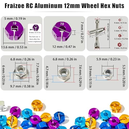 Aluminum 12mm Hex Wheel Hub 4Pcs w/Axle Pin M4 Flange Lock Nut Standard M3 M4 Nut 7mm Thickness Wheel Drive Adapter for 1/10 Traxxas HSP Redcat Rc4wd Tamiya Axial SCX10 WLtoy RC Car(25Pcs) - color: Purple, size: 7.0