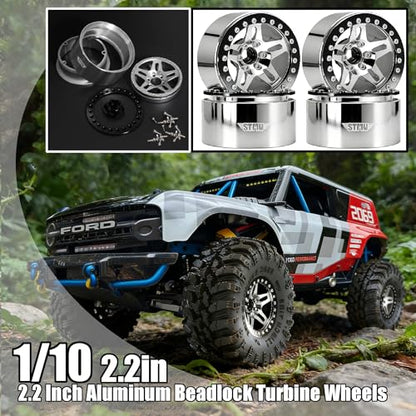 STMU 2.2 Inch Aluminum Beadlock Turbine Wheels - Perfect Fit for SCX10 TRX4 VS4-10 Gen8 1/10 RC Crawler Vehicles (Silver) - color: Silver