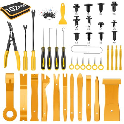GOOACC 102Pcs Trim Removal Tool, Auto Push Pin Nylon Bumper Retainer Clip Set Fastener Terminal Remover Tool Round Handle Crowbar Kit Car/Radio Panel, Yellow - color: 102Pcs Clips+ Remover Yellow, size: Clips+Remover
