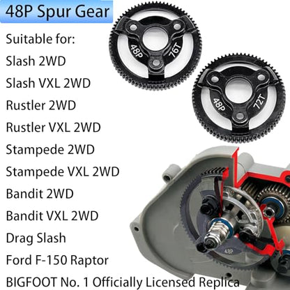 RC 48P 72T & 76T Spur Gear Hardened Steel Spur Gear Upgrades Part for Traxxas 1/10 Slash Stampede Rustler Bandit 2WD VXL XL-5 F-150 SVT, (72T & 76T) - size: 48P-Spur Gear-72T 76T