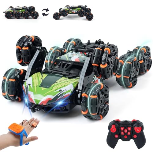 8 Wheels Remote Control Car - Birthday Gifts for 6 7 8 9 10 11 12 Years Old Boys, Gesture Sensing RC Stunt Car with Lights & Spray & 360 Degree Flips, 2.4Ghz Climbing Toys for Kids Age 6-12