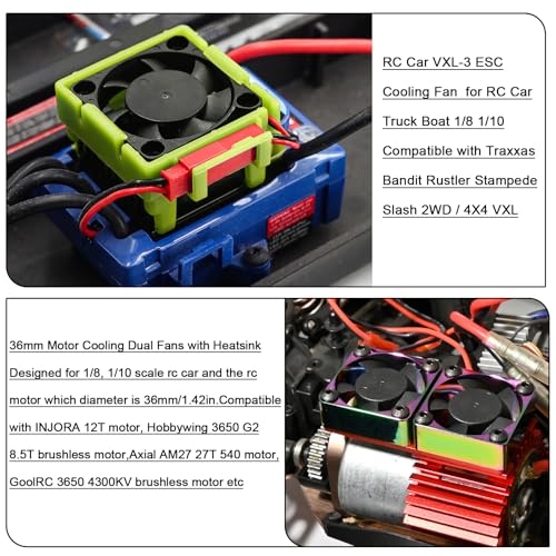 VXL-3s ESC Cooling Fan and Motor Cooling Fan 28000 RPM Dual Fan Set Upgrade for 1/10 Traxxas Slash 4x4 Stampede 4x4 Rustler 4x4 VXL Hoss 4×4 Velineon VXL 3s Heat Sink Replace #3340, Red - style: SRQ-Red Green