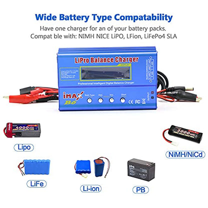 IMAX B6 80W Lipo Battery Balance Charger 6A Discharger, RC Hobby Lipo NiMh Li-ion Ni-Cd Digital Lipro Balance Charger Discharger + AC Power 12V 5A Adapter for Rc Car RC Hobby (Blue) - color: Blue