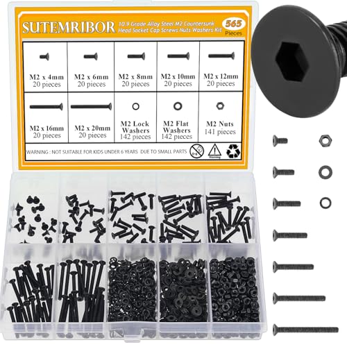 565 Pieces M2 Screws Nuts Washers Set Black, Sutemribor M2 x 4/6/8/10/12/16/20mm Countersunk Head Socket Cap Screws Nuts Washers Assortment Kit, 10.9 Grade Alloy Steel, Fully Threaded - size: M2, style: Countersunk Head Socket Cap