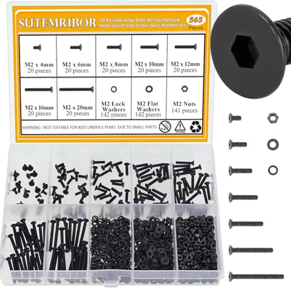 565 Pieces M2 Screws Nuts Washers Set Black, Sutemribor M2 x 4/6/8/10/12/16/20mm Countersunk Head Socket Cap Screws Nuts Washers Assortment Kit, 10.9 Grade Alloy Steel, Fully Threaded - size: M2, style: Countersunk Head Socket Cap