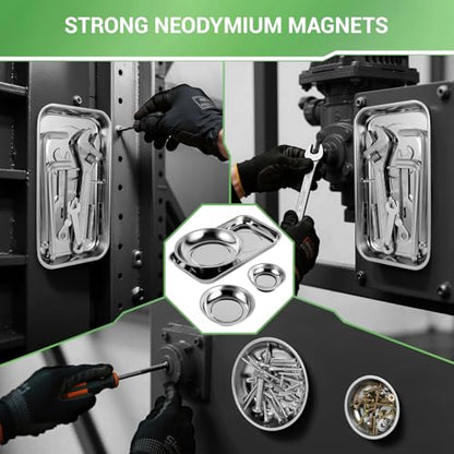 GURADESIGN Magnetic Tray 4-Piece, Large Magnetic Parts Tray and Round Magnetic Parts Tray Set, Stainless Steel Heavy Duty 9.5" W x 5.5''L Square and 6" 4" 3"Round Tools Tray