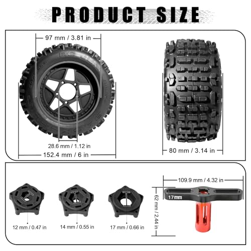 3.8" MT Monster Truck All Terrain Tires with Foam Insert - 17mm/14mm/12mm Hex Adapters Included for TRAXXAS Sledge ARRMA KRATON Outcast Tamiya HSP (Set of 4) Replacement Part of AR510092 - color: Black