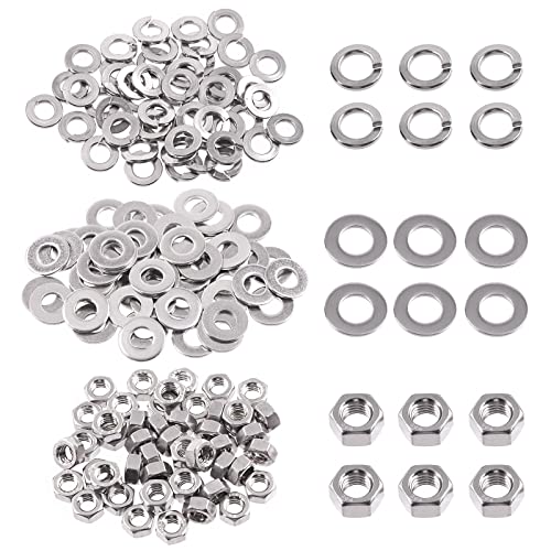 Swpeet 150Pcs SAE 304 Stainless Steel 1/4-20" Hex Nuts and #1/4 Flat Washers with #1/4 Split Lock Washers Assortment Kit, Coarse Thread Hexagon Nut for Home Automotive Shop Use - size: #1/4-20 Hex Nuts & Washers