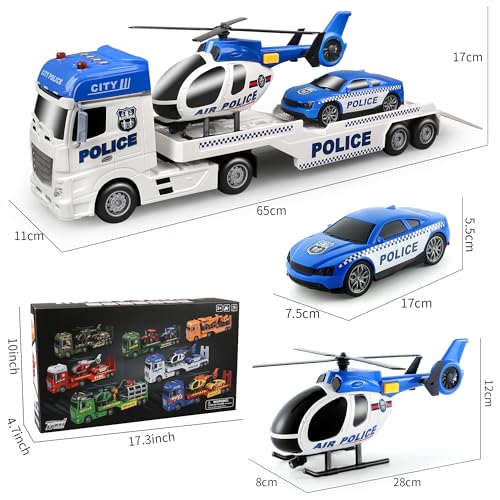 Dwi Dowellin Toddler Boy Toys for 3 4 5 6 Year Old, 25" Semi Truck Toy with Racing Car and Helicopter - Police Toys,Birthday Gifts for Kids Child 2 3 4 5 6 Years Old - style: Police Truck