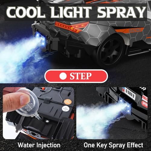 Remote Control Car RC Drift Car 1:16 Scale 4WD 18KM/H High Speed Model Vehicle 2.4GHz with LED Lights Spray Rubber Tire Racing Sport Toy for Adults Boys Girls Kids Gift 2Pcs Rechargeable Batteries - color: Silver
