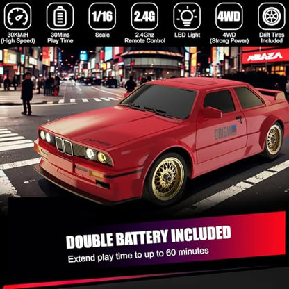 RC Drift Car for Kids Adults 1:16 Scale 2.4Ghz 4WD High Speed RTR Racing Car 30KM/H with Led Lights Remote Control Vehicle Sport Toy Gifts for Girls Boys, Two Batteries and Drift Tire Included