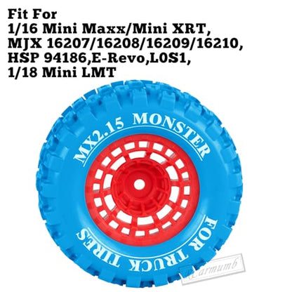100 * 52MM 1/16 RC Monster Truck Tires 12mm Hex Adapters All-Terrain Traction Tires fit for Mini Maxx/Mini XRT, MJX 16207/16208/16209/16210,HSP 94186,E-Revo,L0S1,1/18 Mini LMT,Blue&Red - color: Blue&red(4pcs)
