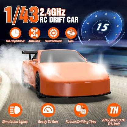 RC Drift car, 1/43 Mini Rc Drift car with Gyroscope, 2.4GHz Full Proportional Remote control Cars, 4WD High Speed Racing with Lights, Racing Tires, Model Cars Gift for Adults, Kids, Boys, Girls - color: Orange