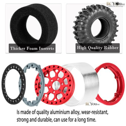 RC 1.3 Beadlock Wheel Tires&Aluminum Wheel Rim for 1/24 SCX24 FCX24,1/18 TRX4M RC Crawler Car,1.3 Beadlock Wheels and Tires/Wheels Tire,Red (4PCS) - color: Red- (Wheel Tires)