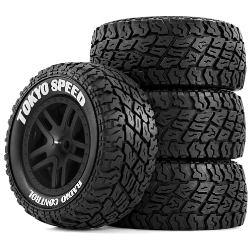 1/10 RC Short Course Truck Tires and Wheels with 12mm 14mm 17mm Hex 110mm 1/8 Rubber Tyres for 1/10 RC Truck ARRMA ARA3521T3 Traxxas 68154-4-GRN - Slash BL-2S (Black) - color: Black