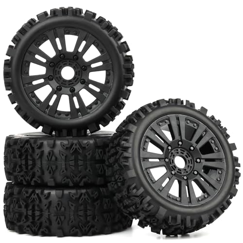 Pre-Glued 1/8 Scale RC Off Road Buggy Tires & 17mm Hex Wheels All-Terrain, Fits 1/8 Arrma Typhon 3S Losi TLR 8Ight X/E 2.0 XT/XTE Team Associated Traxxas Redcat HPI 1/8 RC Truggy Wheels Tyres - color: black 8-spoke