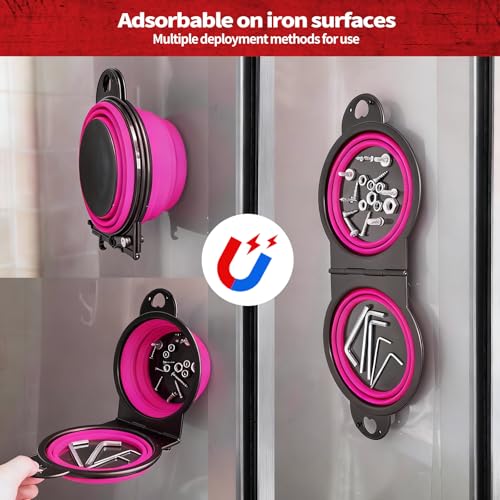 Magnetic Trays, Magnetic Bowl for Screws, Magnetic Tool Tray (magenta2.0) | Collapsible Magnetic Tool Tray, Integrated 5.1" Round Dual Silicone Bowls, Upgraded Version, Bonus Hook for On-the-Go Carry - style: magenta2.0