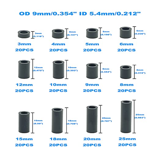 240PCS OD 9mm ID 5.4mm ABS Plastic Black Round Spacers Assortment Kit for M5 Screws; Clearance Spacers; 3mm to 25mm Lengths - size: OD 9mm ID 5.4mm