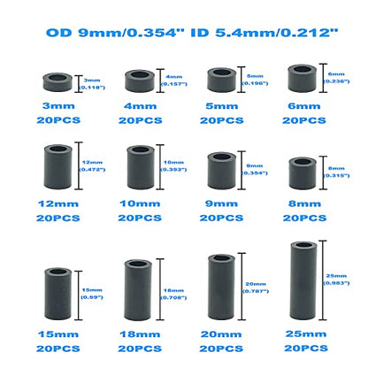 240PCS OD 9mm ID 5.4mm ABS Plastic Black Round Spacers Assortment Kit for M5 Screws; Clearance Spacers; 3mm to 25mm Lengths - size: OD 9mm ID 5.4mm