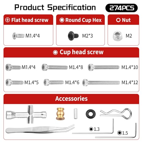 HobbyPark 280pcs SCX24 Screw Kit Screws Assortment Set Hardware Fasteners for Axial SCX24 Gladiator Chevrolet C10 Deadbolt B17 Betty Wrangler JLU CRC Bronco 1/24 Crawler