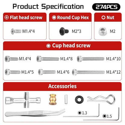 HobbyPark 280pcs SCX24 Screw Kit Screws Assortment Set Hardware Fasteners for Axial SCX24 Gladiator Chevrolet C10 Deadbolt B17 Betty Wrangler JLU CRC Bronco 1/24 Crawler