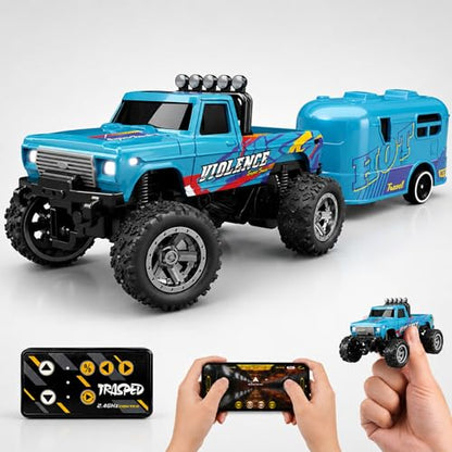 1:64 Scale Mini Remote Control Monster Truck with Trailer | 2.4GHz & App Dual Control, Alloy Mini RC Car with LED Lights, Portable Pocket Toy Car for Kids & Adults, Gift for Boys (Blue) - color: Blue