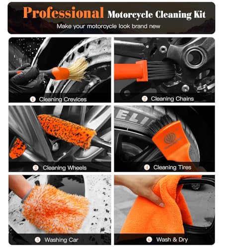 YeewayVeh 7PCS Motorcycle Cleaning Kit, 2-Size Bendable Wheel Brush, Orange | Tire & Chain Brush, Boars Hair Detailing, Wash Mitt, Microfiber Towel for Dirt Bike & Car Wheels