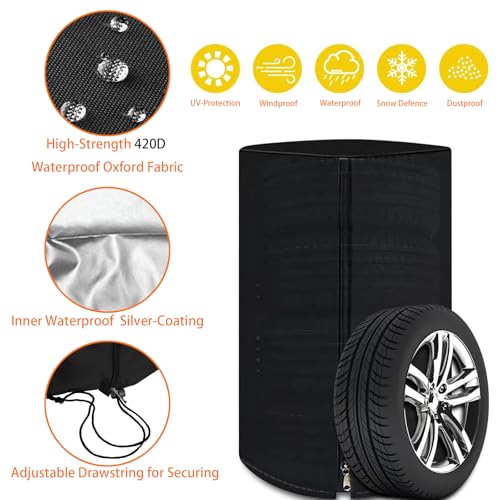 Large Tire Cover for Seasonal Storage,28" Tire Cover Diameter,Waterproof Dust-Proof High-Strength 420D Tire Cover,Universal Indoor Outdoor (Holding 4 Tires Stacking,Black)