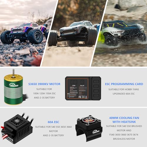 Waterproof GR3650 3900KV Brushless Motor 3.175mm Shaft with 60A Brushless ESC Electric Speed Controller with Heatsink and Programming Card for 1/10 Remote Control Car Truck, Black & Green - color: Black & Green