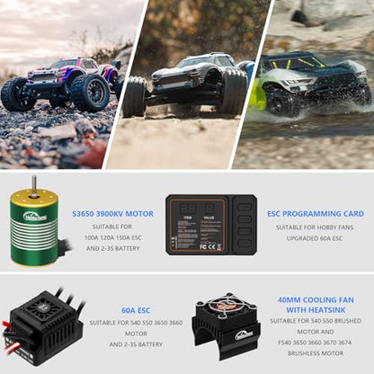Waterproof GR3650 3900KV Brushless Motor 3.175mm Shaft with 60A Brushless ESC Electric Speed Controller with Heatsink and Programming Card for 1/10 Remote Control Car Truck, Black & Green - color: Black & Green