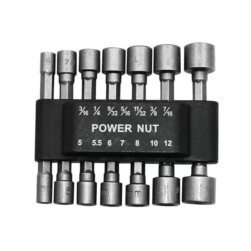 Power Nut 15-Piece Nut Driver Set with L-Handle, 1/4 Inch | Hex 5/16 Drill Bit Socket Adapter, Metric Sizes, SAE Sizes