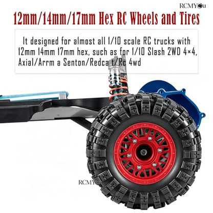 Rc Wheels and Tires Set for 1/10 Slash 2WD 4×4 4WD,Senton,Axia1,Redca t,Rc4w d,Detachable Replacement Running on Off-Road Tire,on-Road Tire w/12mm/14mm/17mm Hex,Soft Tires Plastic Rim,Red - color: Red (1/10)