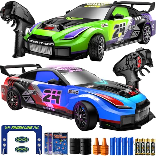 Geyiie 2 Pack RC Drift Cars, 1:24 Remote Control Car Set, Up to 70 Mins Per Car, LED Lights, Mini Track Barriers & Challenge Cards, 2 Player Indoor Gift for Boys & Girls