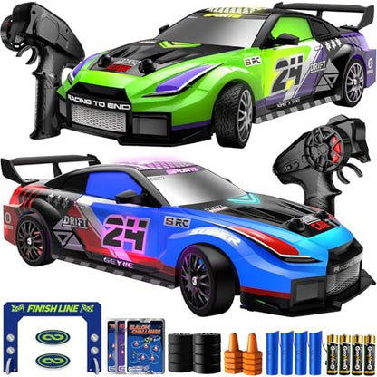 Geyiie 2 Pack RC Drift Cars, 1:24 Remote Control Car Set, Up to 70 Mins Per Car, LED Lights, Mini Track Barriers & Challenge Cards, 2 Player Indoor Gift for Boys & Girls
