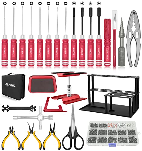 RC Tool Kit, 1/10 1/8 RC Tool, RC Car Boat Helicopter Repair Tools - 27pcs | Include Screwdriver (Flat, Phillips, Hex), Work Stand, Screw, Pliers, Body Reamer, Wrench, Tray, Storage Rack (Red) - color: Red