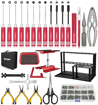RC Tool Kit, 1/10 1/8 RC Tool, RC Car Boat Helicopter Repair Tools - 27pcs | Include Screwdriver (Flat, Phillips, Hex), Work Stand, Screw, Pliers, Body Reamer, Wrench, Tray, Storage Rack (Red) - color: Red