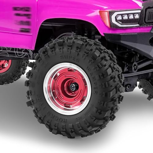 1.0" Beadlock Aluminum Wheels and 51mm Soft Rubber Tires | for SCX24, TRX4M, Ascent 18, FCX24, 1/18 1/24 RC Crawler, 7mm Hex, 0mm Offset, with Foam Inserts, (Red 105) - color: Red 105
