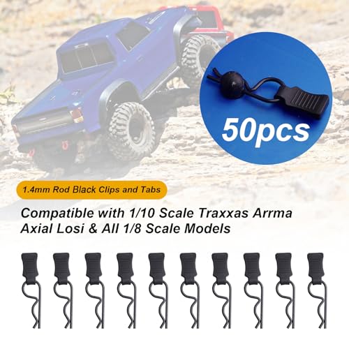 HobbyPark 50pcs Universal RC Car Body Clips w/Pull Tabs Black R Pins for 1/10 Scale Traxxas Arrma Axial Losi & All 1/8 Redcat HPI HSP Exceed Truck Buggy Shell Replacement Parts - size: 1.4mm Rod Black Clips and Tabs