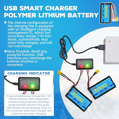 2PCS 7.4V 3000mAh 15C 2S XT-30 Plug Li-ion Battery with 2-in-1 Charger for RC High-Speed Cars, Trucks RC Ship Model Car and Huina Engineering Vehicle Batteries