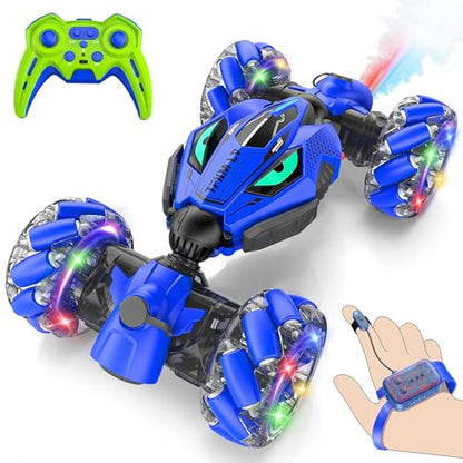 VisionX Unique 2.4GHz 4WD 360° Rotating Gesture Sensing RC Stunt Cars for Boys and Girls Ages 6-12, Double‑Sided Driving RC Drift Car, Birthday and Christmas Cool Car Toys Gifts for Kids, 2 Batteries - color: Vibrant Blue