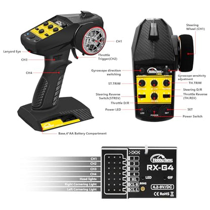 RC Radio System 4CH 2.4G RC Transmitter with Receiver Built-in Gyro and Lanyard Anti-Jamming Remote Controller for RC Car Crawler Boat (Black & Yellow) - color: Black & Yellow, With Gyro