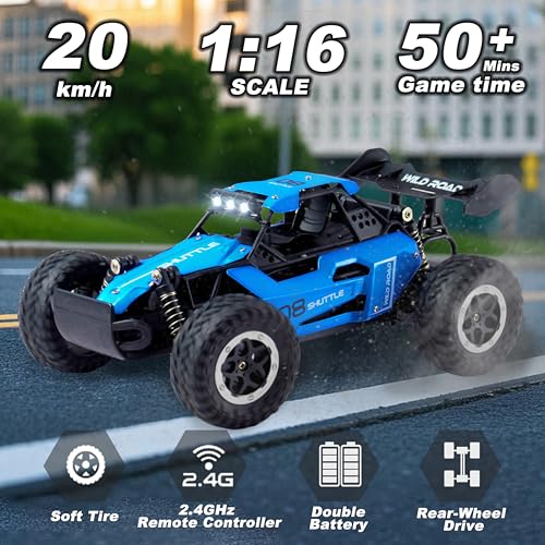 Remote Control Car RC Cars 1:16 All Terrain Monster Truck LED Headlights, Outdoor 2WD Off Road Hobby RC 2.4GHz High Speed, 20Km/h RC Car Toys Gift for Kids Boys 3 4 5-12 (Blue) - color: Blue