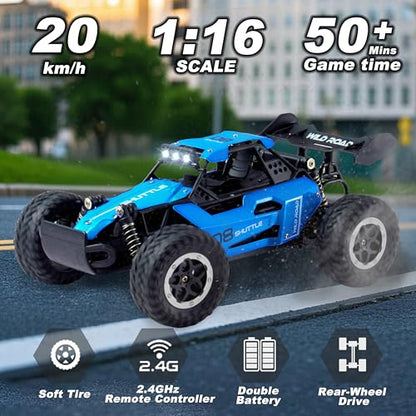 Remote Control Car RC Cars 1:16 All Terrain Monster Truck LED Headlights, Outdoor 2WD Off Road Hobby RC 2.4GHz High Speed, 20Km/h RC Car Toys Gift for Kids Boys 3 4 5-12 (Blue) - color: Blue