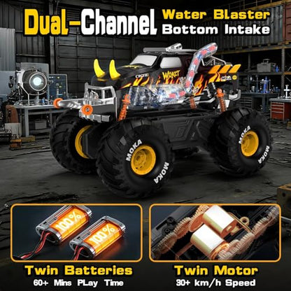 Amphibious 1:16 Waterproof Monster Truck Toys RC Car Water Blaster Trucks 60+ Min Runtime with 2 Batteries 360 Spin 4WD All Terrain Off-Road rc car water Toys 5-12 Year Old Kids Back-to-school season - color: Yellow