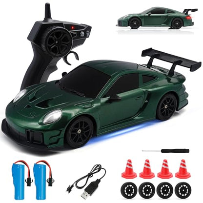 RC Drift Car, 1:24 4WD Remote Control Cars Vehicle with LED Light,2.4GHz 20KM/H High Speed RC Cars with Two Batteries & Drifting Tires Racing Sport Toy for Adults Boys Girls Kids - color: Green