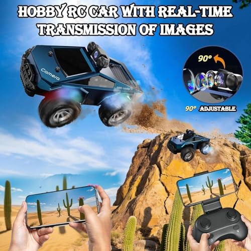 1:28 Scale FPV Monster Truck RC Cars with 720P HD Camera, 2.4GHz Remote Control Car, All-Terrain Off-Road RC Truck with Body Light, 2 Rechargeable Batteries, Toy Gift for Kids Adults Boys
