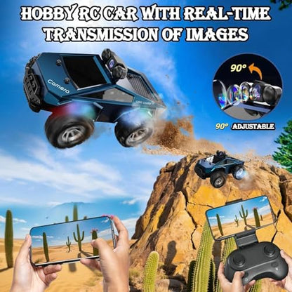 1:28 Scale FPV Monster Truck RC Cars with 720P HD Camera, 2.4GHz Remote Control Car, All-Terrain Off-Road RC Truck with Body Light, 2 Rechargeable Batteries, Toy Gift for Kids Adults Boys