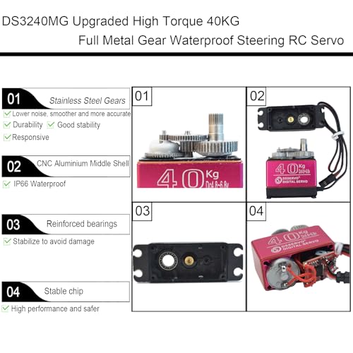 2 Pack High Torque 40KG Digital Servo, DS3240MG Full Metal Stainless Steel Gear Waterproof Steering RC Servo, for 1/8 1/10 Scale RC Car Crawler Buggy Airplane Control Angle 180°