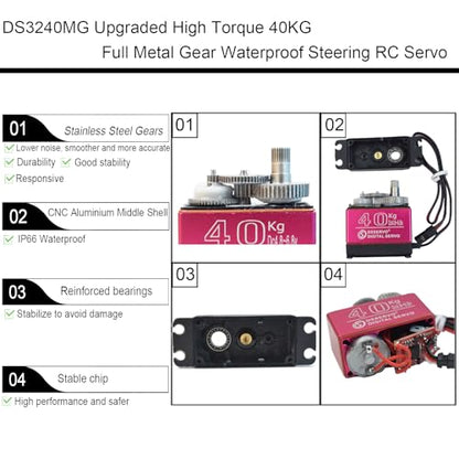 2 Pack High Torque 40KG Digital Servo, DS3240MG Full Metal Stainless Steel Gear Waterproof Steering RC Servo, for 1/8 1/10 Scale RC Car Crawler Buggy Airplane Control Angle 180°