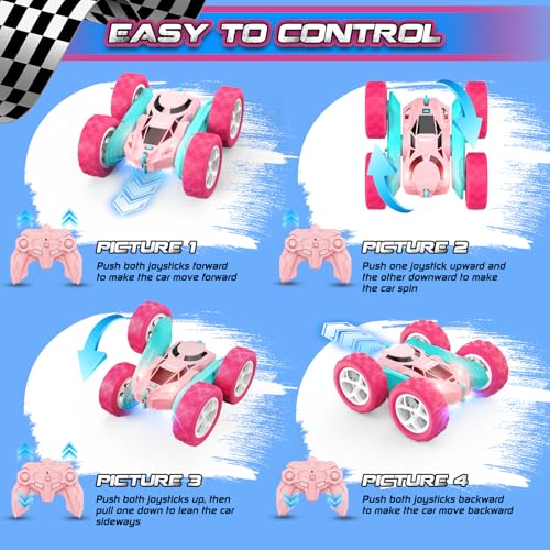 cosone Pink Remote Control Car for Girls | 2.4GHz RC Stunt Car, 360° Spins & Double Sided Driving, LED Lights, USB-C Rechargeable, One-Click Demo - color: Pink Pro